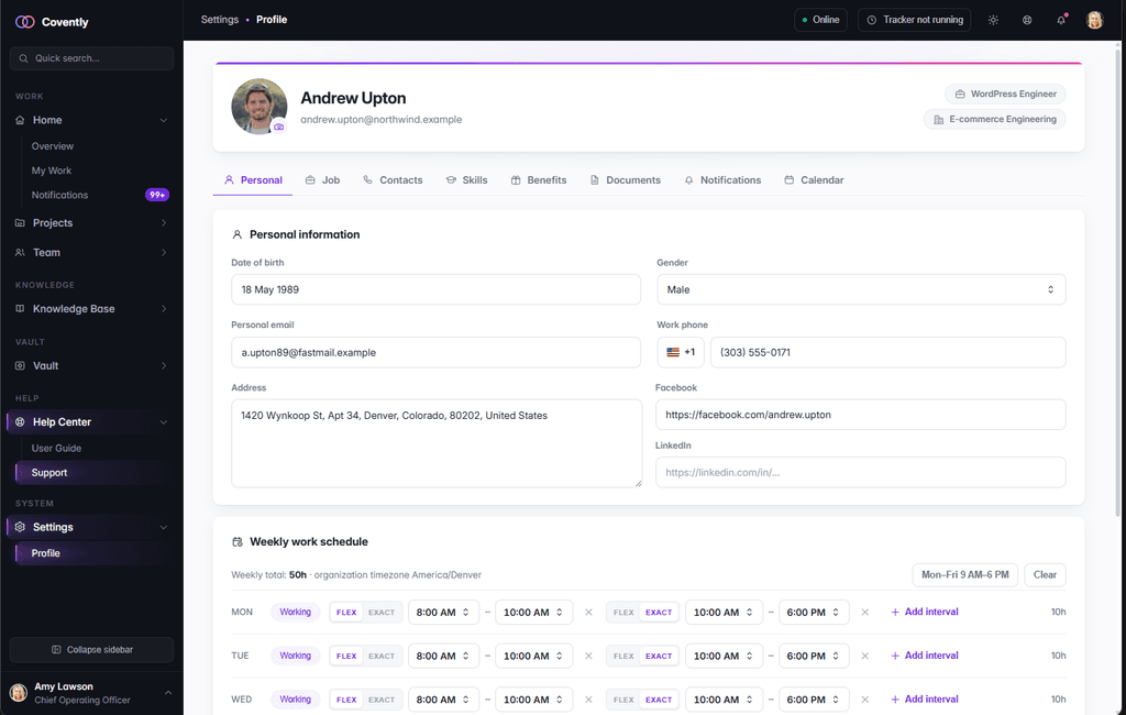 A team member profile in Covently with personal details, work information and schedule settings.